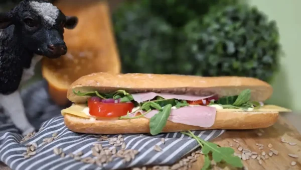 Broodje Gezond: vers belegd broodje met kaas, gekookte ham, rucola, tomaat, komkommer, rode ui, peper, zout en mayonaise.