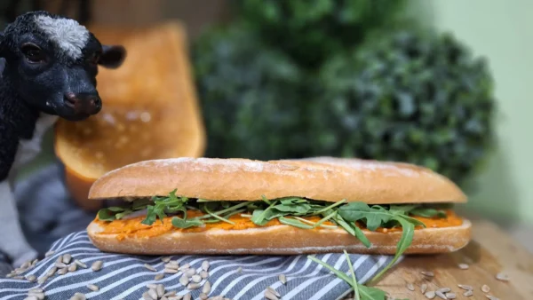 Broodje Good & Tasty: vers belegd broodje met preparé, rucola, rode ui, peper en zout.