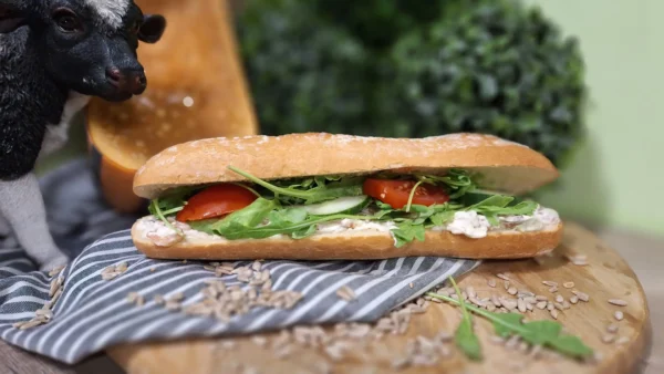 Broodje Hornaet: vers belegd broodje met vlaamse grijze garnaalsalade, rucola, tomaat, komkommer en zonnebloempitjes.