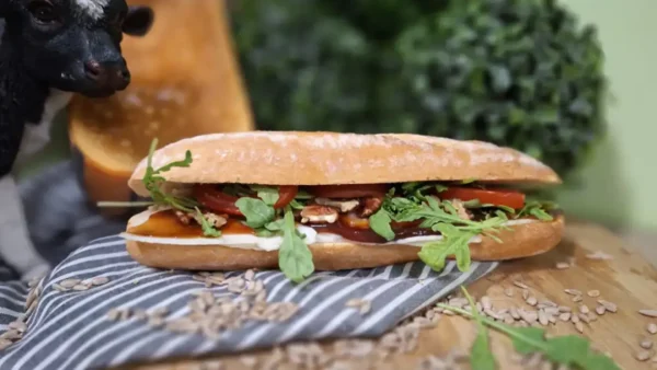 Broodje Olde Heite: vers belegd broodje met pikante geitenkaas, rucola, appelstroop, tomaat en pecannoten.