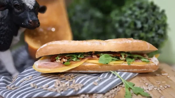 Broodje Oostburg: met boerenham, oude kaas, rucola, zongedroogde. tomaatjes, walnoten en balsamico-dressing.