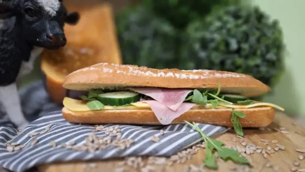 Broodje Perfect Match: vers belegd broodje met kaas, gekookte ham, mosterd-dille saus, zonnebloempitjes, rucola en komkommer.