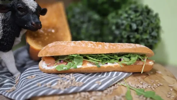 Broodje Zalm Speciaal: een heerlijk vers belegd broodje (bruin of wit), met gerookte zalm, roomkaas met bieslook, rucola en rode ui.